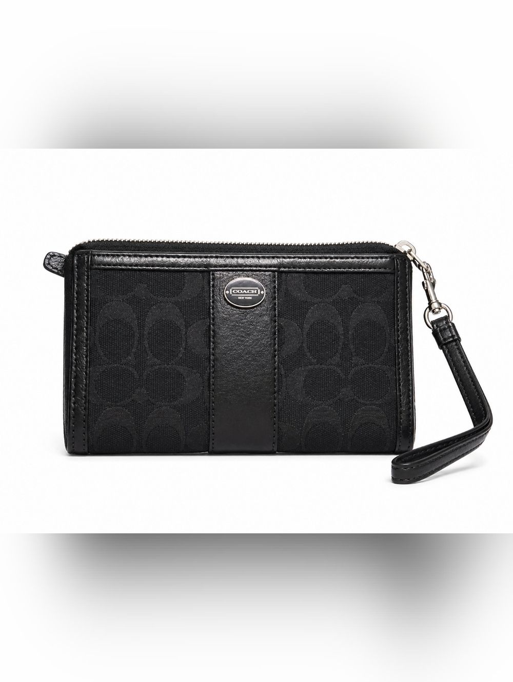 Coach Signature 48691B Black Canvas Leather Wristlet Wallet
